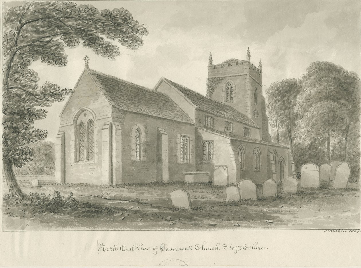 Caverswall Kerk: sepia tekening door John Buckler