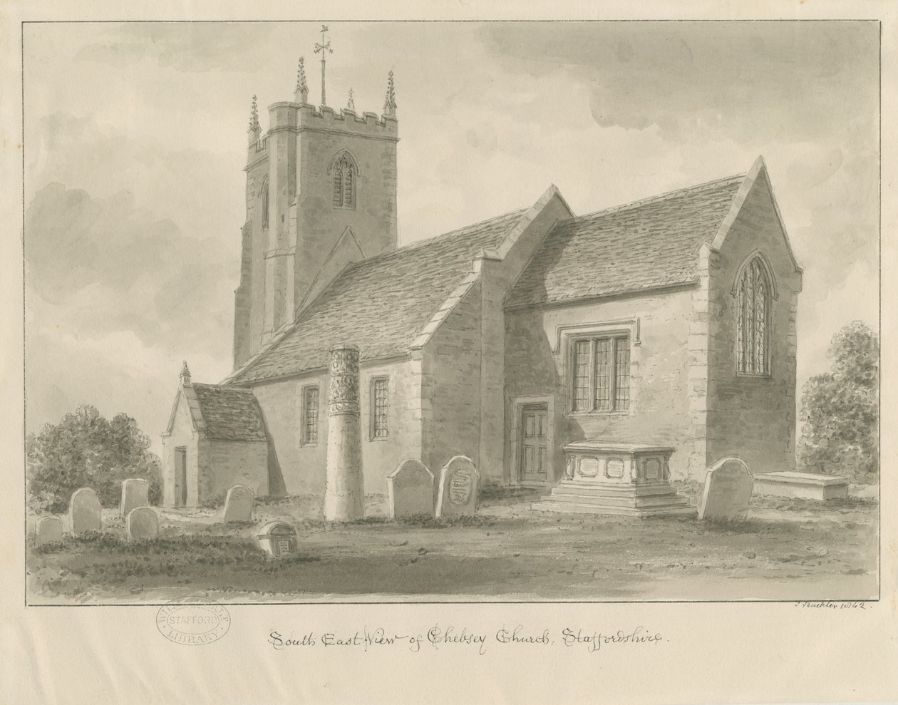 Chebsey Kerk: sepia tekening door John Buckler