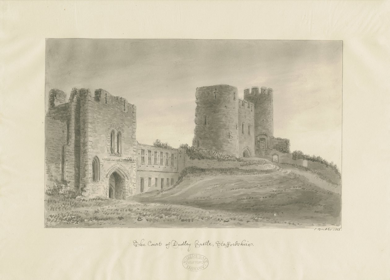 Dudley Castle - De Donjon: sepia tekening door John Buckler
