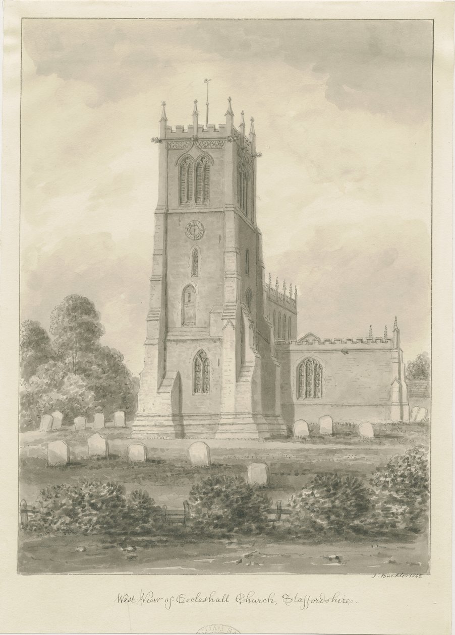 Eccleshall Kerk: sepia tekening door John Buckler