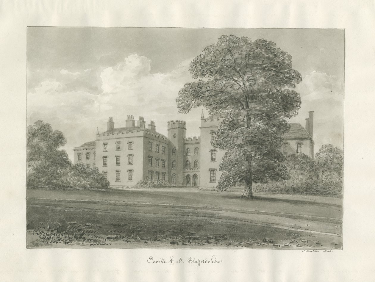 Enville Hall: sepia tekening door John Buckler