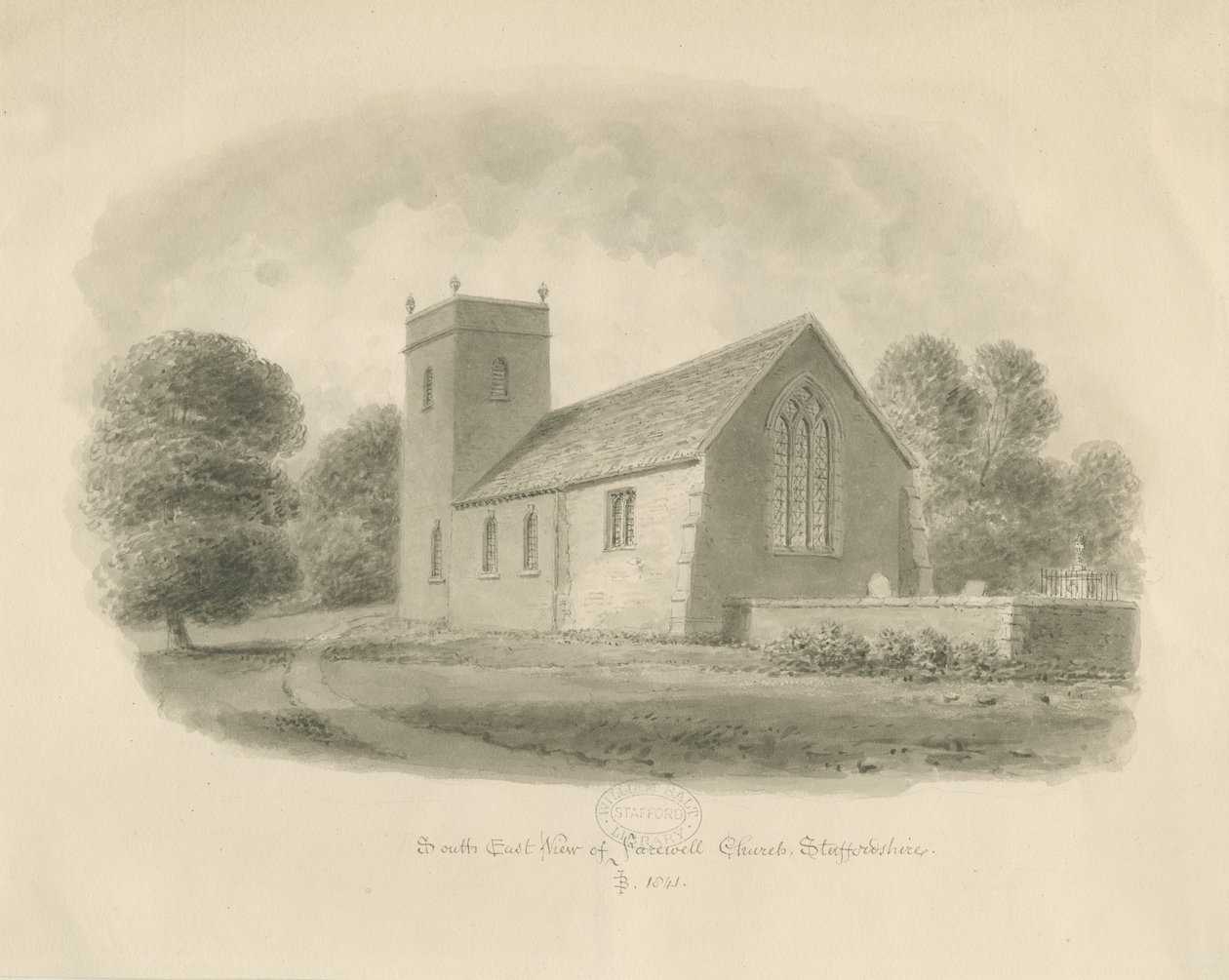 Farewell Kerk: sepia tekening door John Buckler