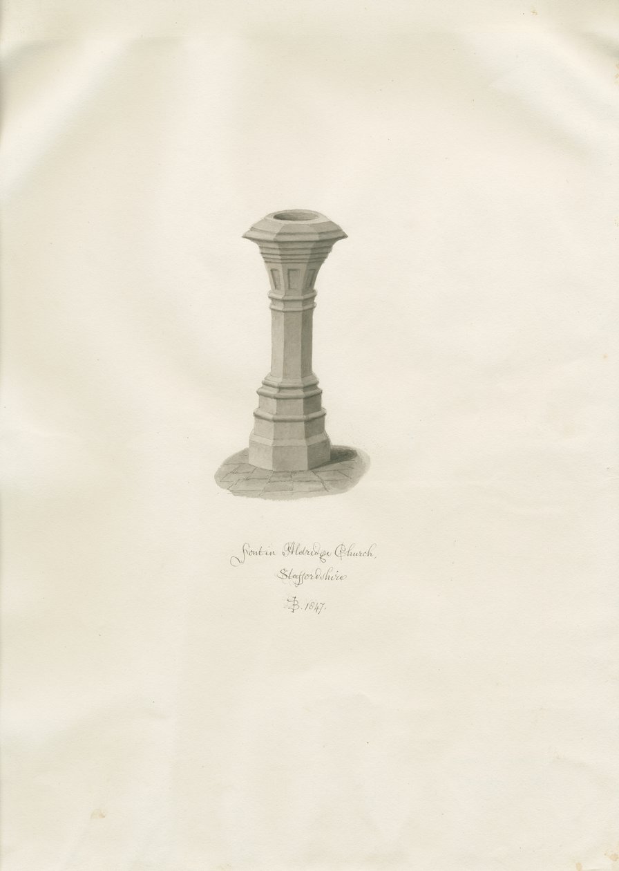 Doopvont in Aldridge Kerk: sepia tekening door John Buckler