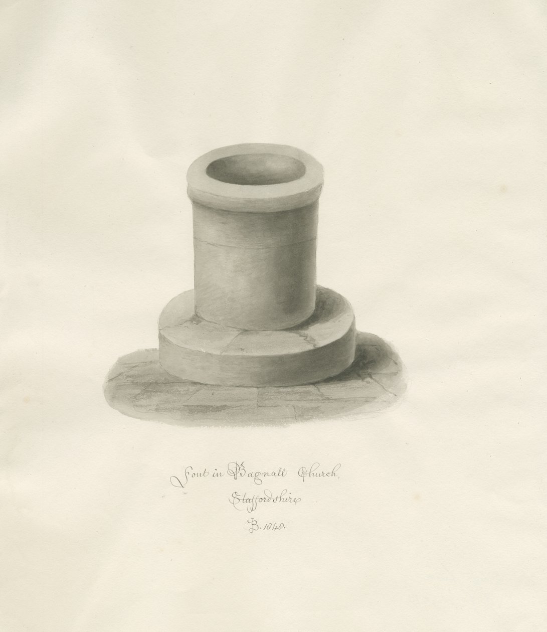 Doopvont in Bagnall Kerk: sepia tekening door John Buckler