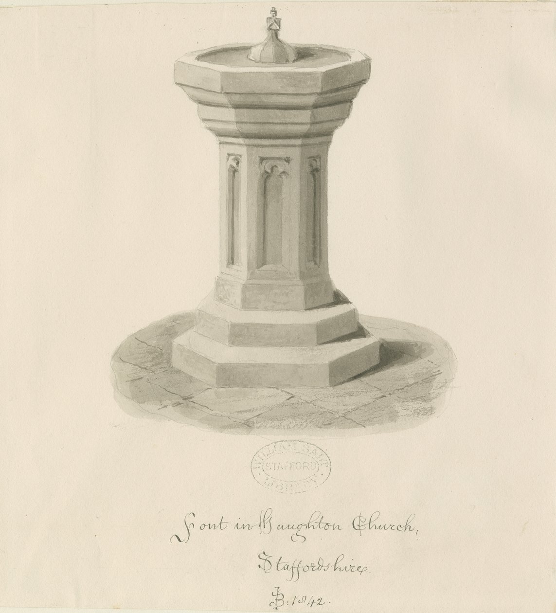 Doopvont in Haughton Kerk: sepia tekening door John Buckler