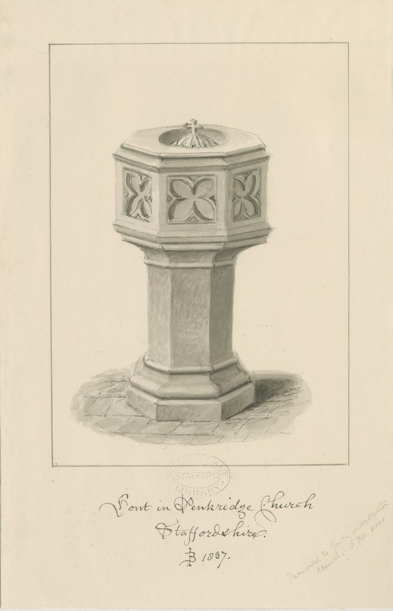 Doopvont in Penkridge Kerk: sepia tekening door John Buckler