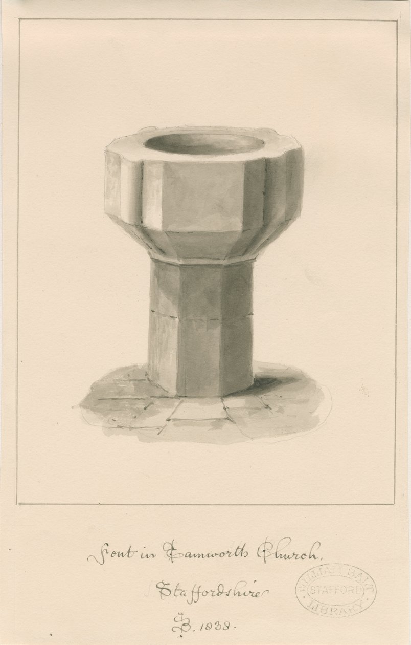 Doopvont in Tamworth Kerk: sepia tekening door John Buckler