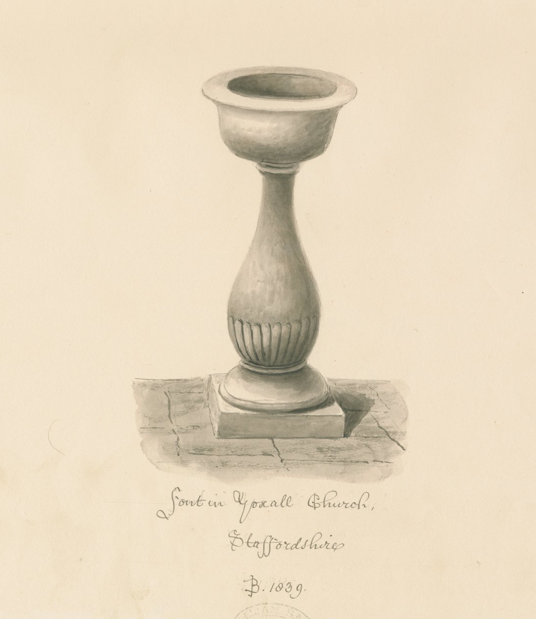 Fontein in Yoxall Kerk: sepia tekening, 1839 door John Buckler