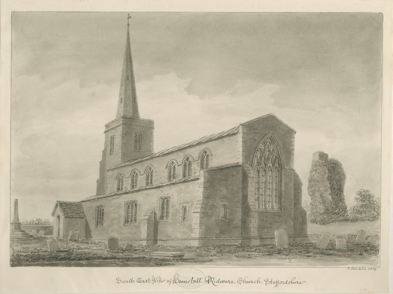 Hamstall Ridware Church: sepia tekening door John Buckler