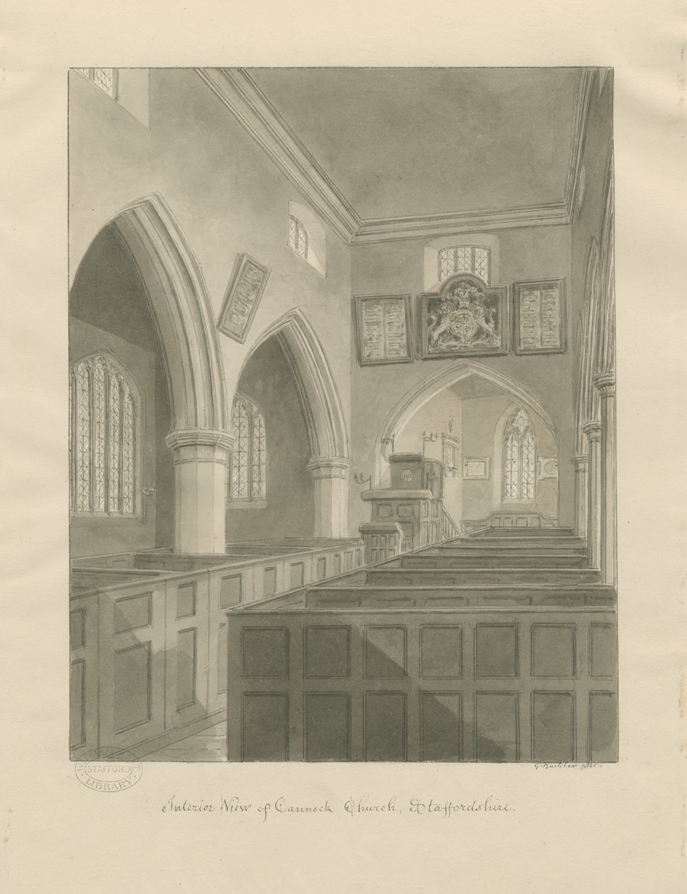 Interieur van Cannock Kerk: sepia tekening door John Buckler