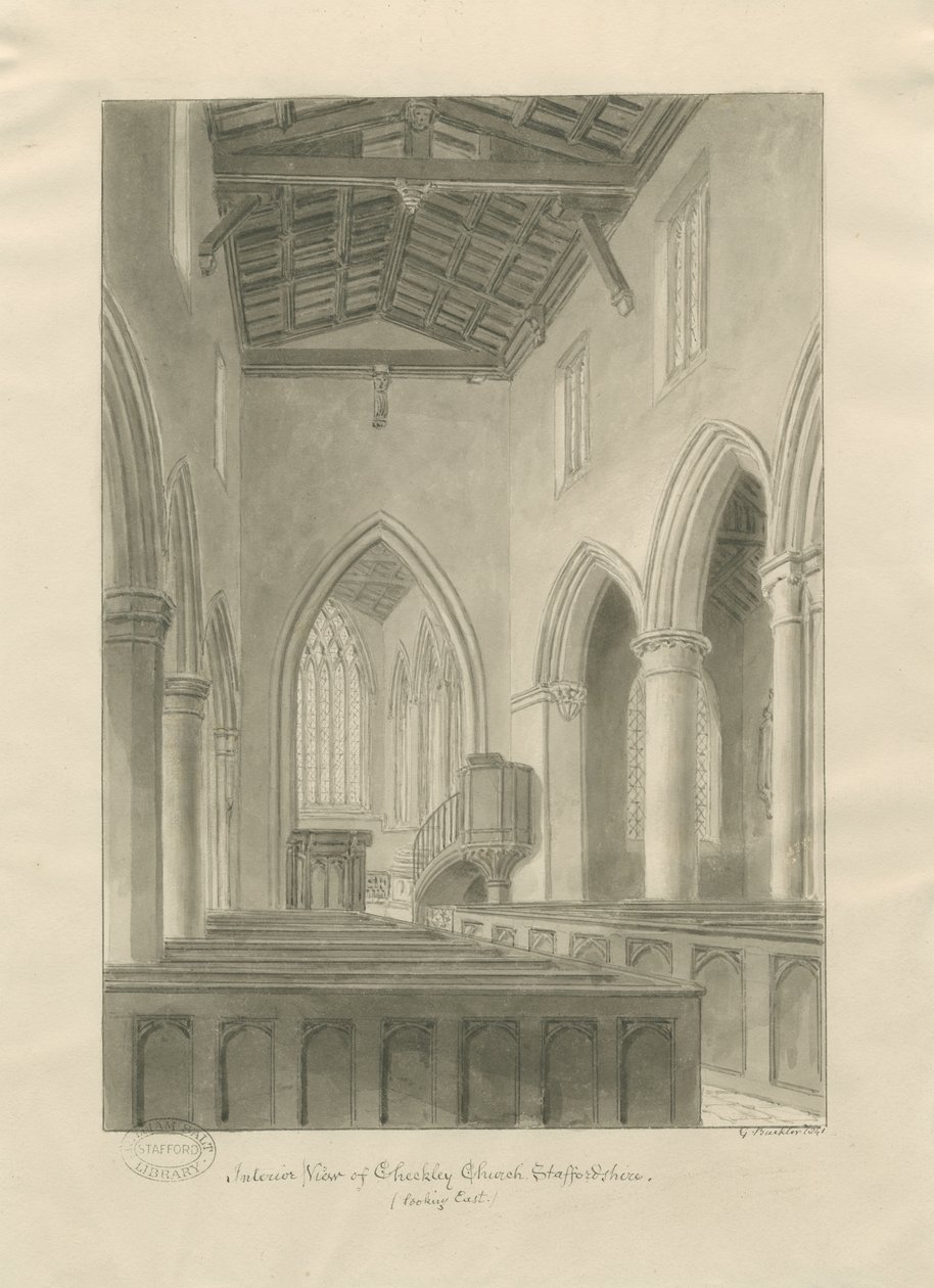 Interieur van Checkley Kerk: sepia tekening door John Buckler