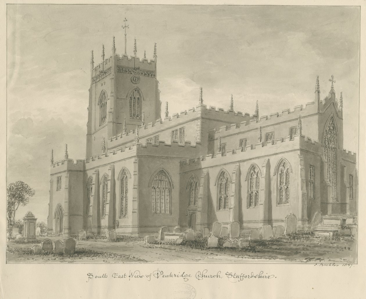 Penkridge Church: sepia tekening door John Buckler