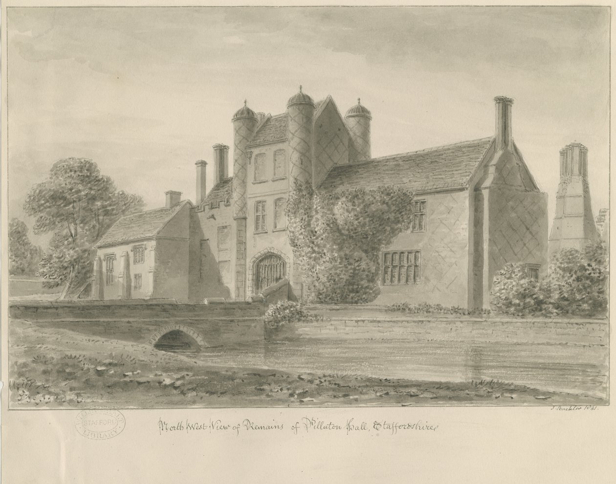 Pillaton Hall: sepia tekening, 1841 door John Buckler