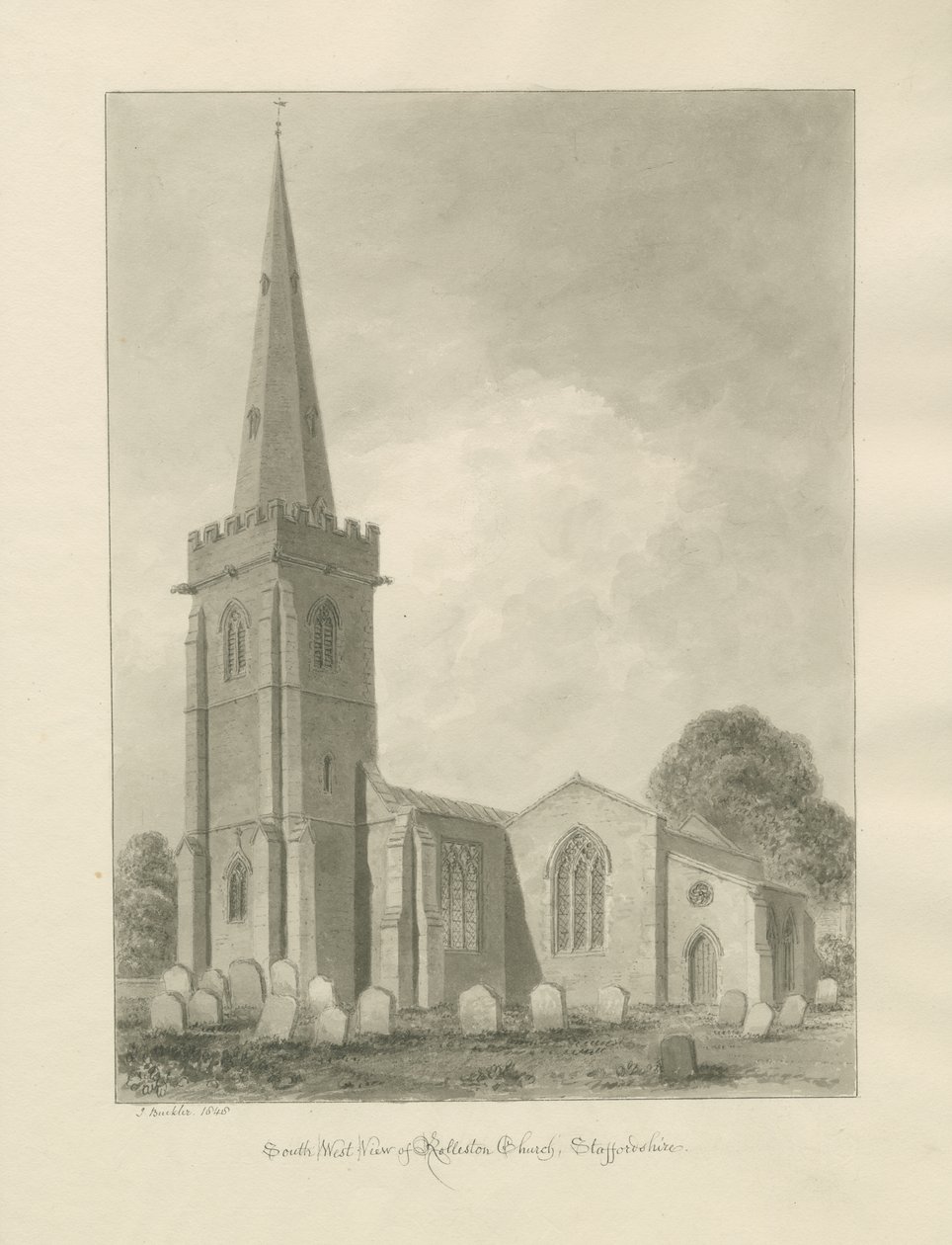 Rolleston Church: sepia tekening door John Buckler