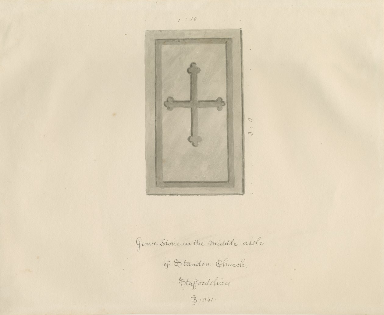 Standon Kerk - Grafsteen: sepia tekening door John Buckler