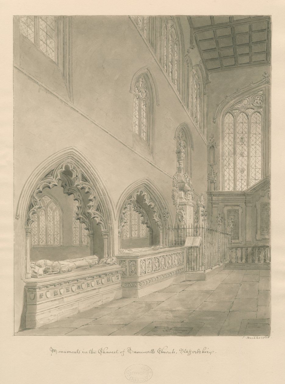 Tamworth Kerk - Monumenten: sepia tekening door John Buckler