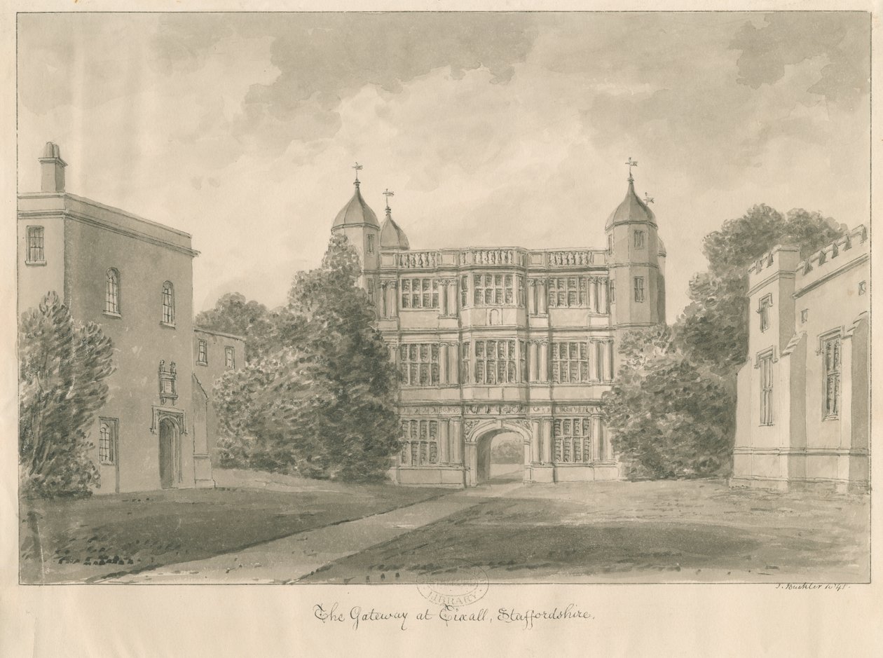 Tixall Hall en Poortgebouw: sepia tekening, 1841 door John Buckler