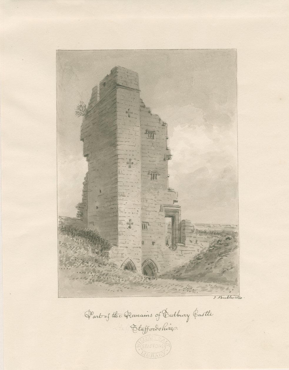 Tutbury Kasteel: sepia wassing tekening door John Buckler