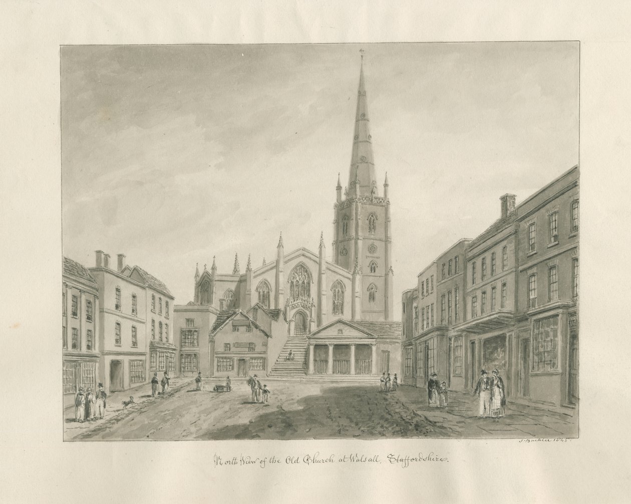 Walsall Stad en Kerk: sepia wassing tekening door John Buckler