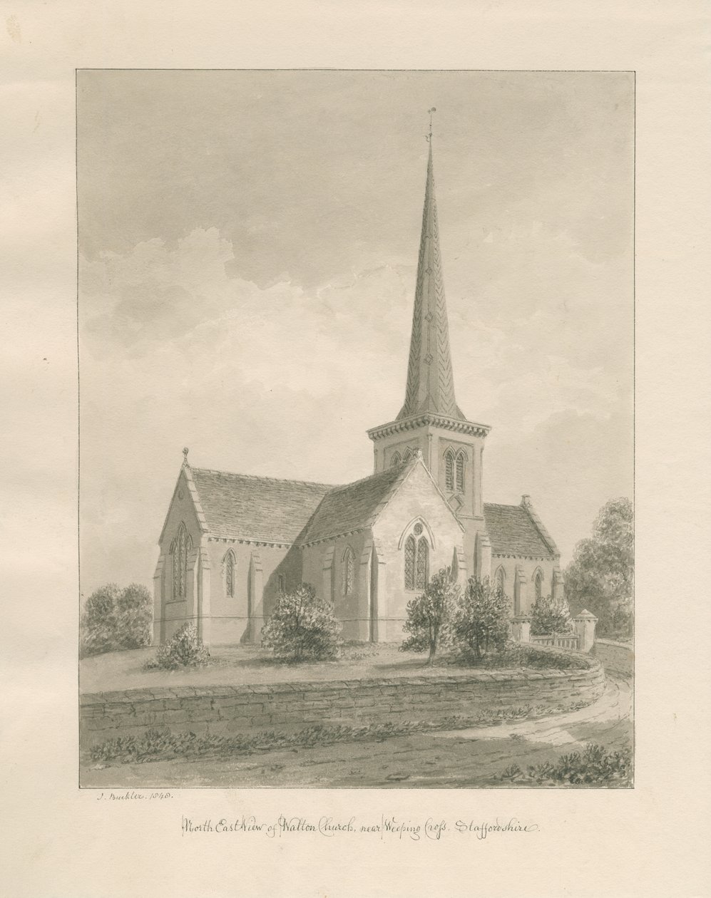 Walton-on-the-Hill Kerk: sepia wassing tekening door John Buckler