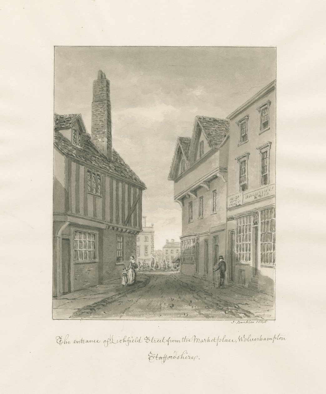 Wolverhampton - Lichfieldstraat: sepia tekening door John Buckler