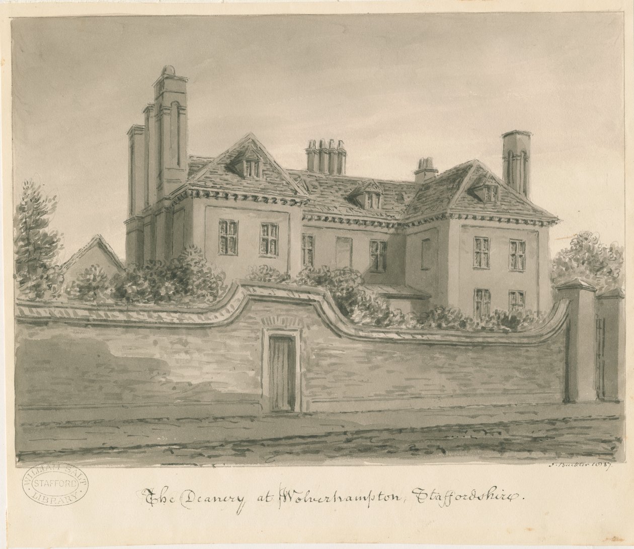 Wolverhampton - Het Deanery House: sepia tekening door John Buckler