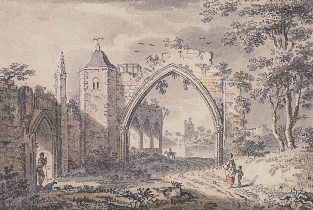 Ecclesiastische Ruïnes naast de Theems (?) door John Collet