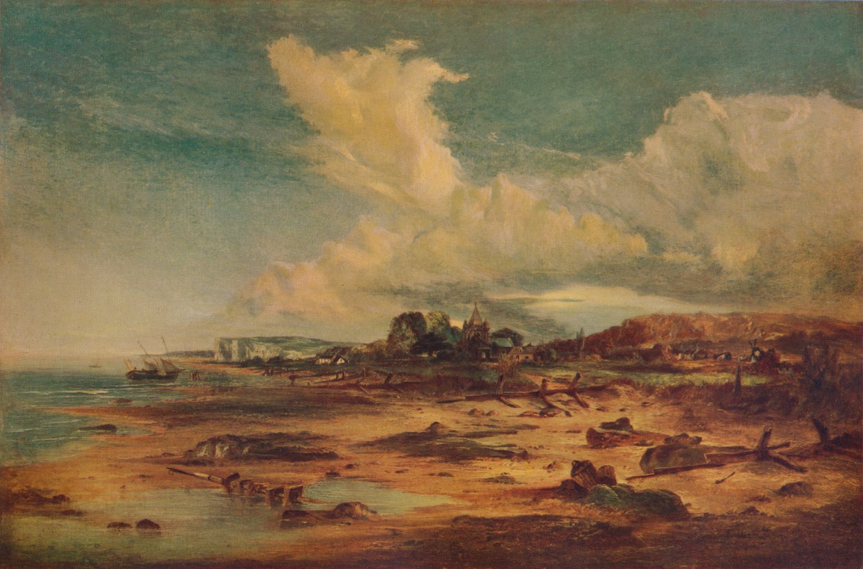 Kustscène met kerk, ca. 1824 door John Constable