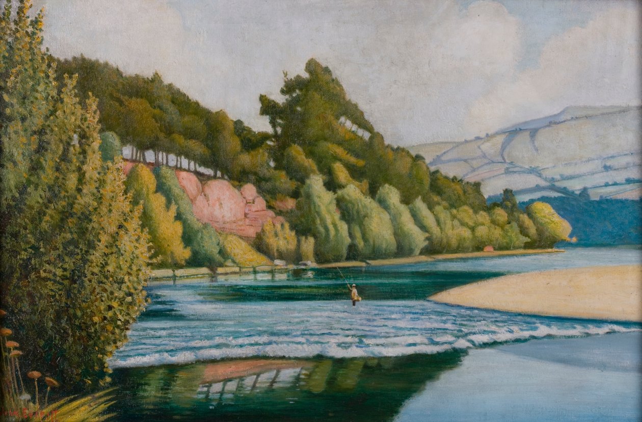 Rivierscène met visser door John Everett