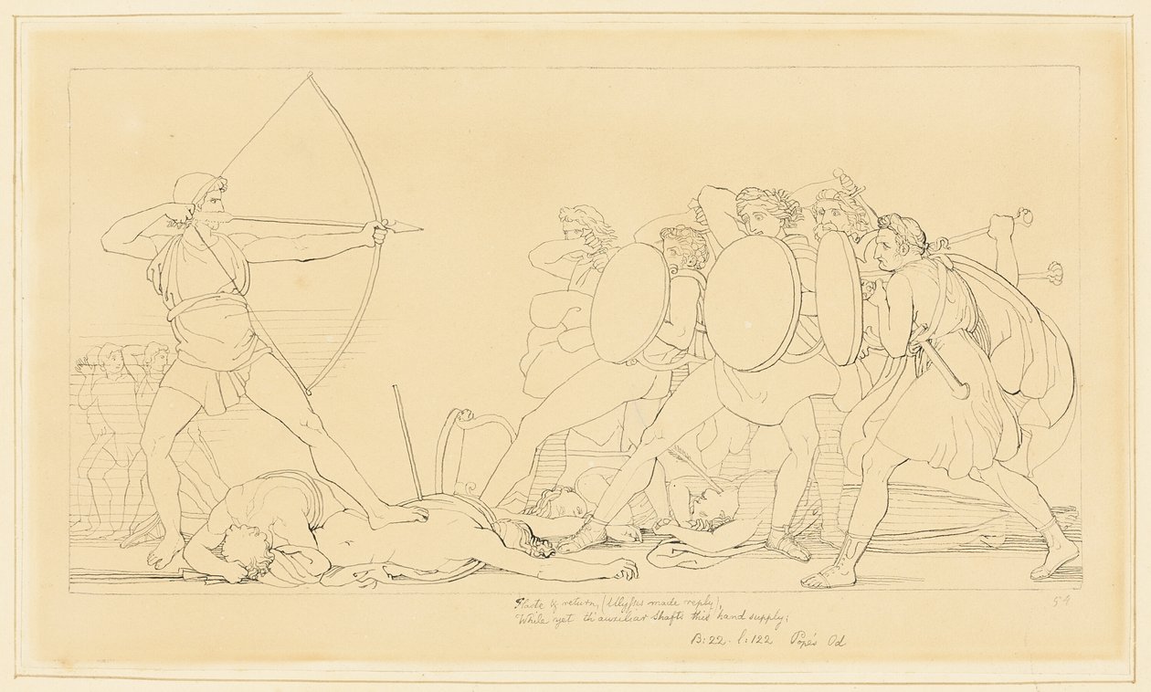 Odysseus doodt de vrijers door John Flaxman