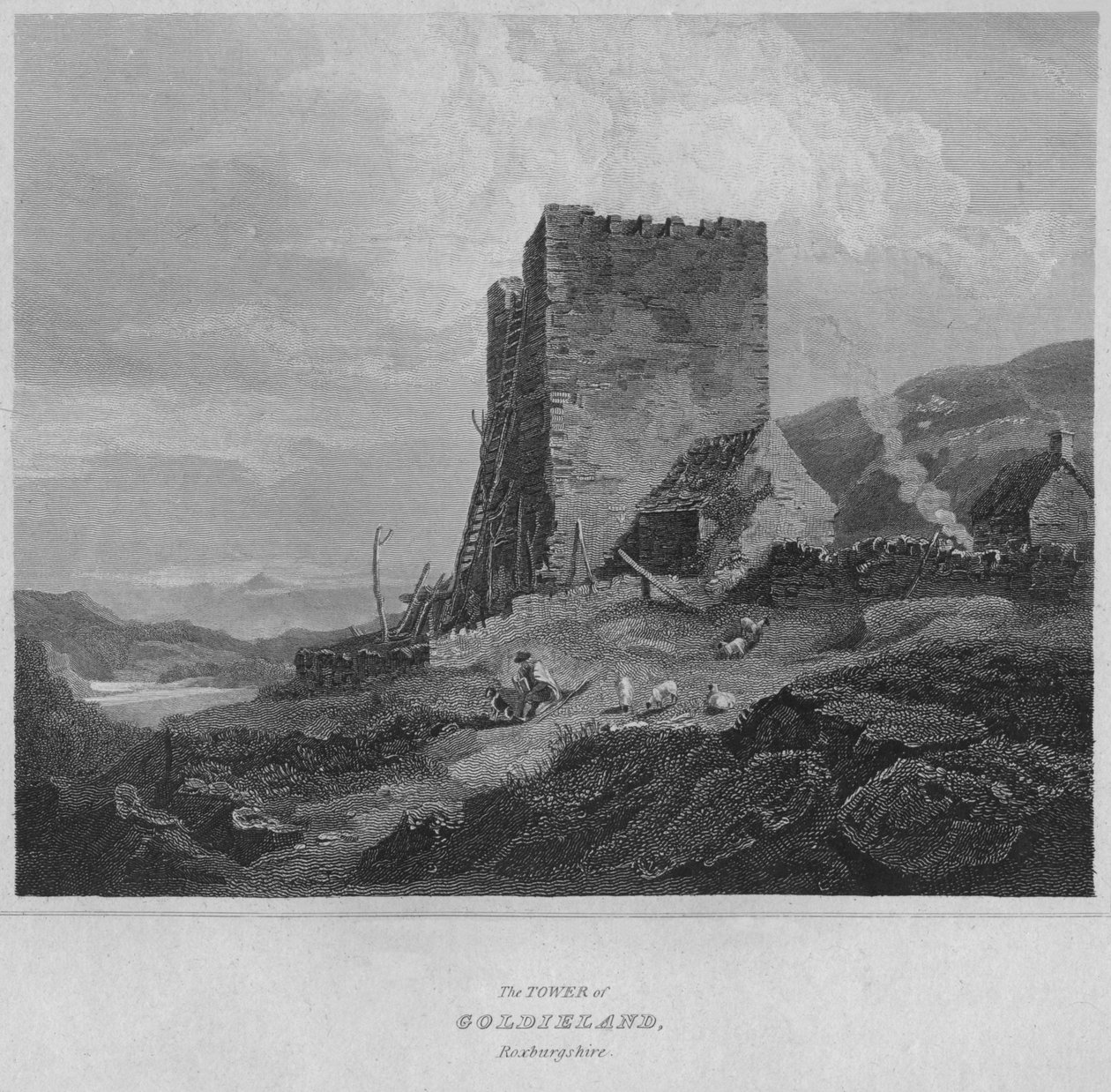 De toren van Goldieland, Roxburghshire, 1814 door John Greig