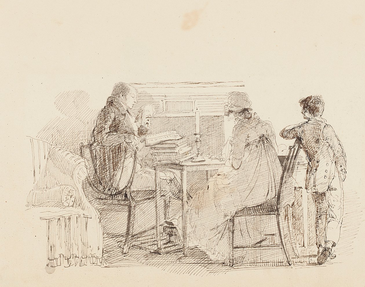 Drie bij de open haard, 1805 door John Harden