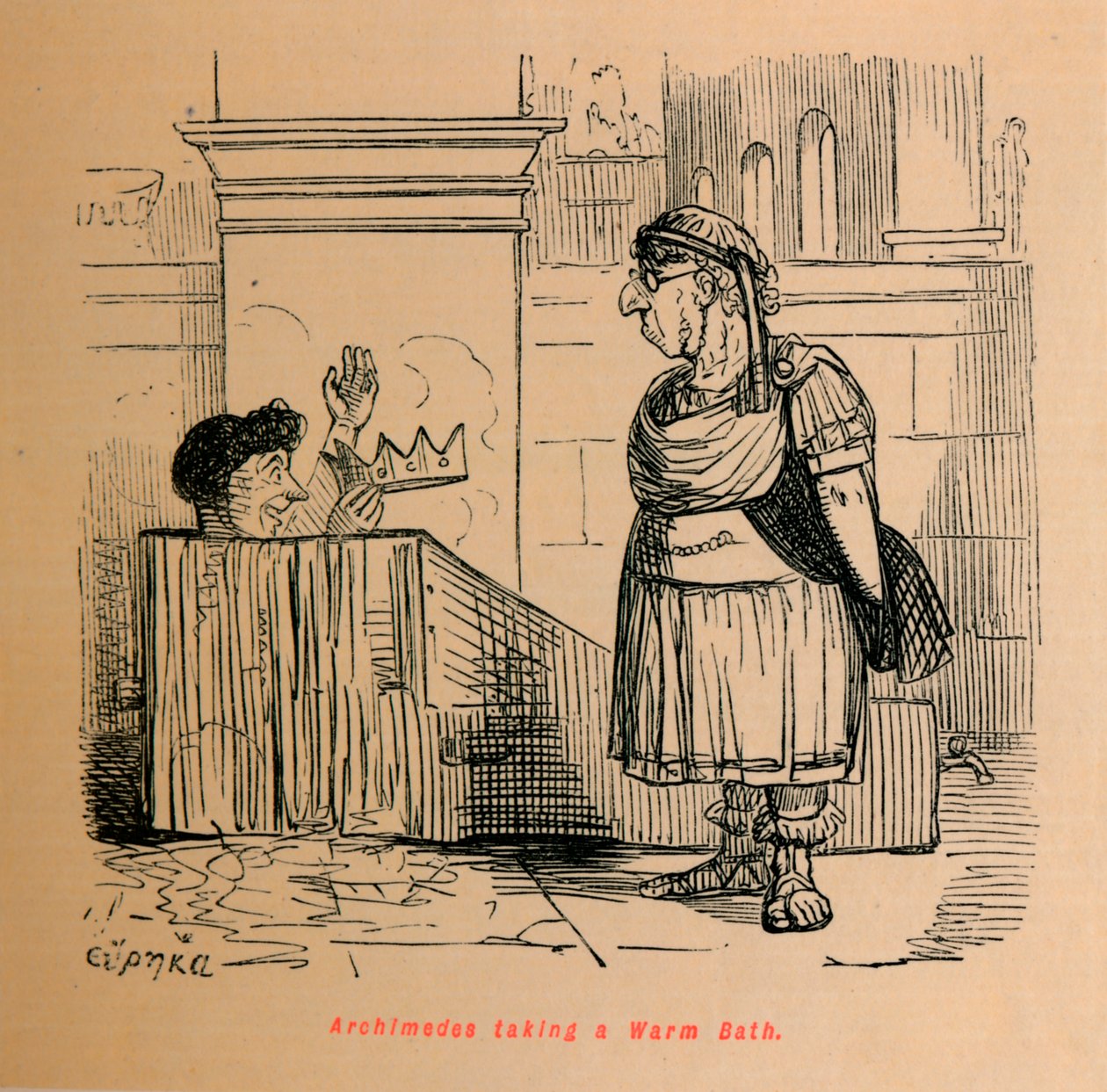 Archimedes neemt een warm bad, 1852 door John Leech