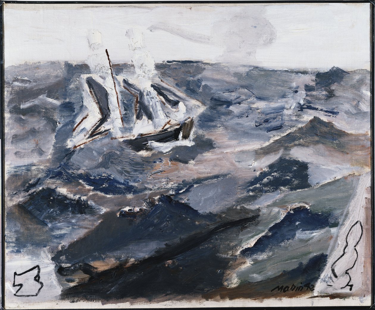 Zee en boot (olieverf op doek) door John Marin