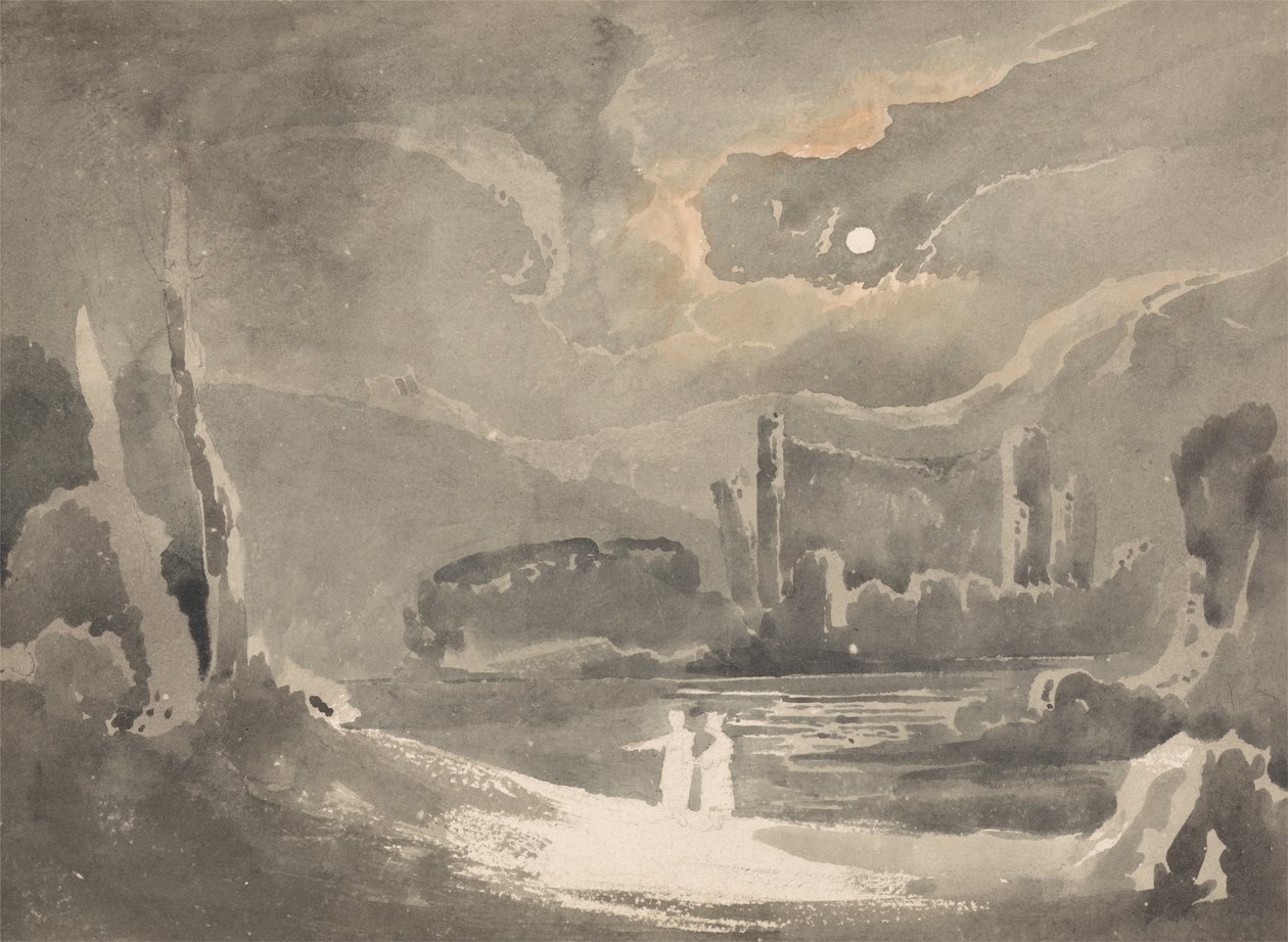 Landschap bij maanlicht met een verwoest kasteel door John Martin