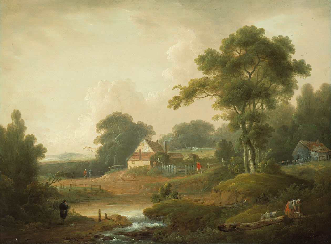 Landschap met visser en wasvrouw, 1790-1800 door John Rathbone