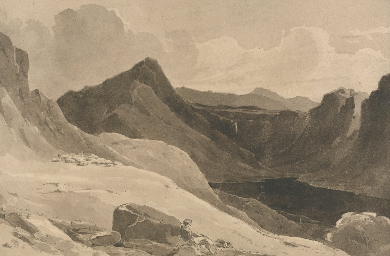 Een Berglandschap met een Herder door John Renton