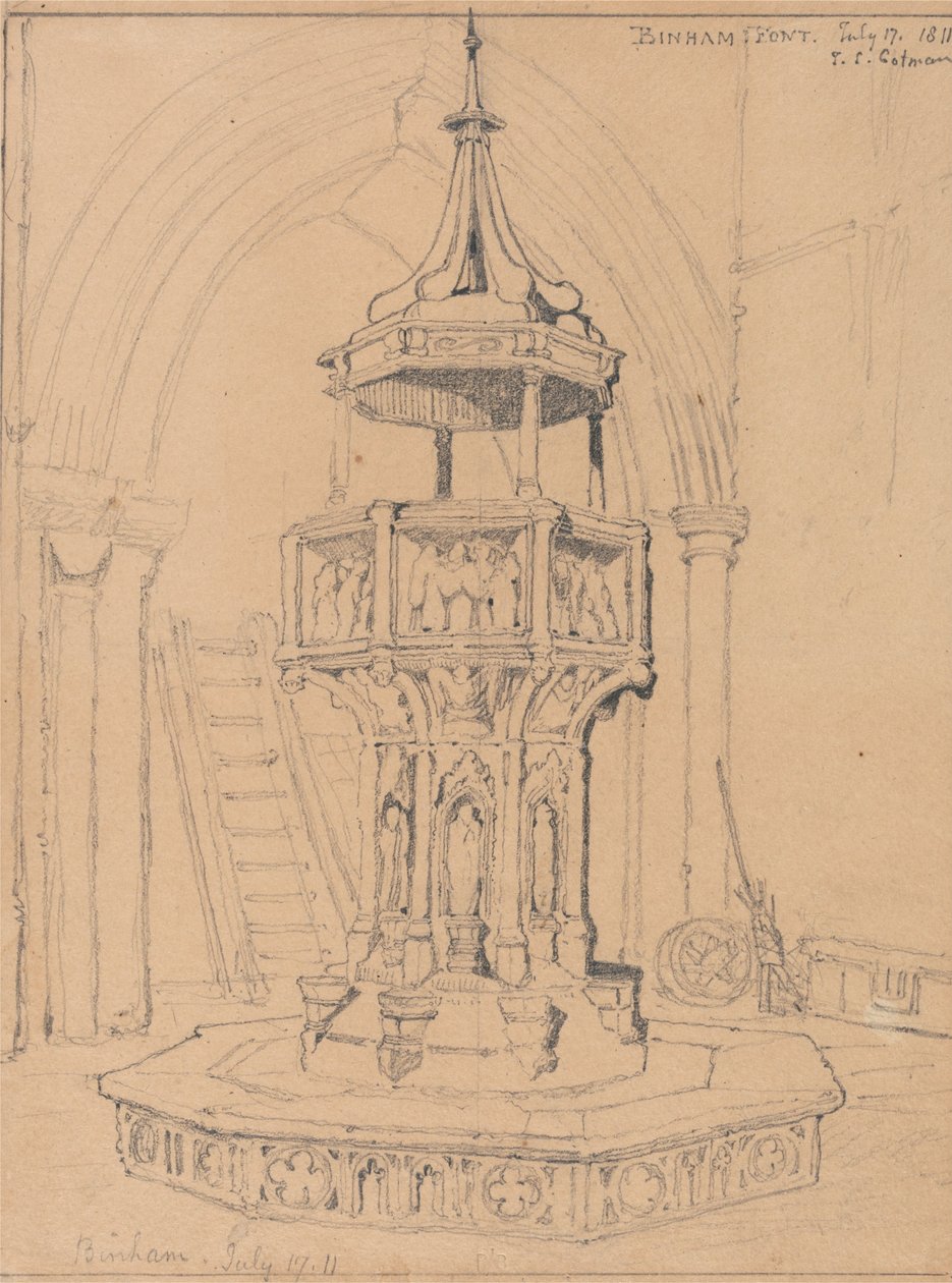 Font in Binham Church, Norfolk door John Sell Cotman