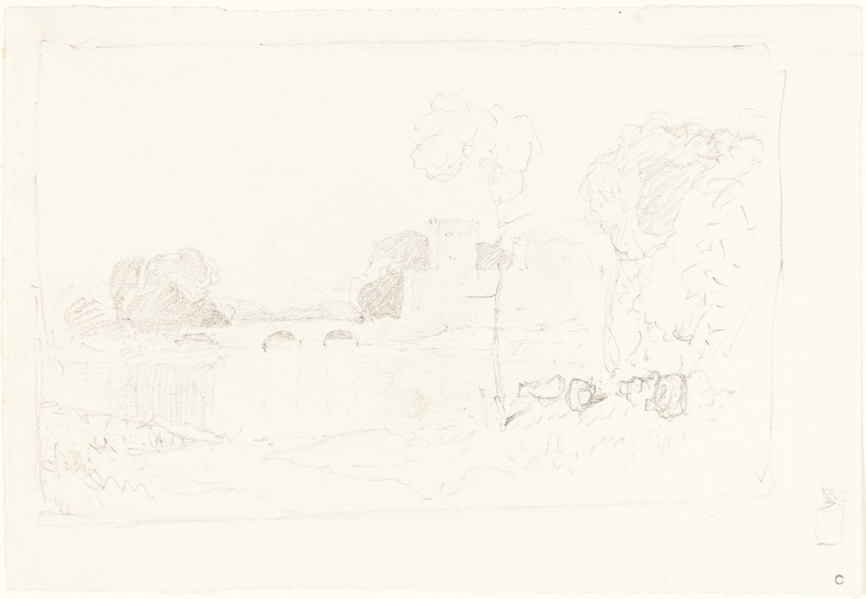 Landschapsschets met Brug en Kasteel door John Sell Cotman