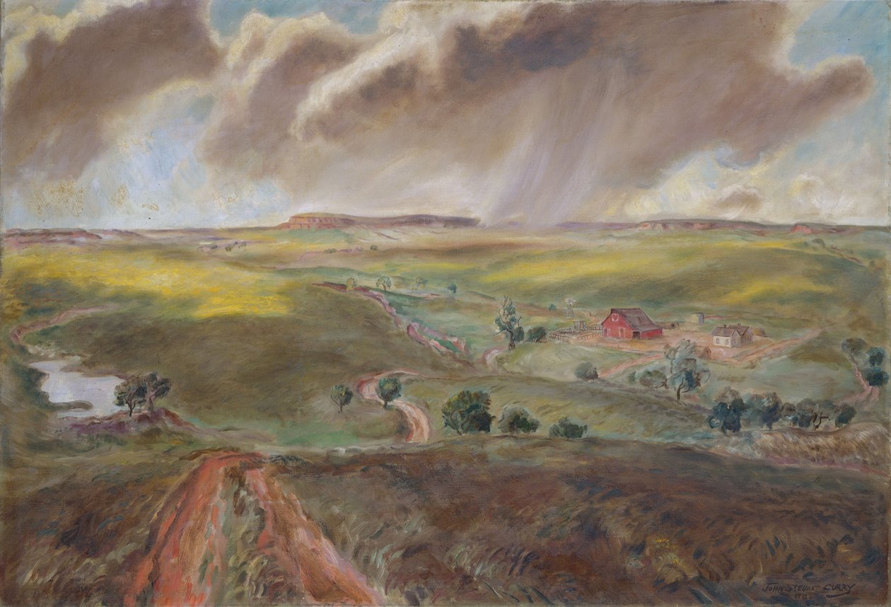 Lente Regenbui (Western Kansas Landschap) door John Steuart Curry