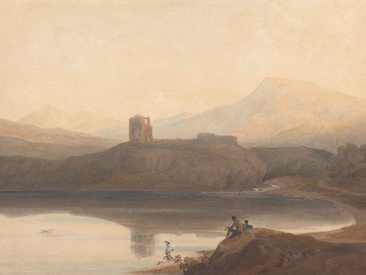 Llanberis Lake, met kasteel Dolbadern door John Varley