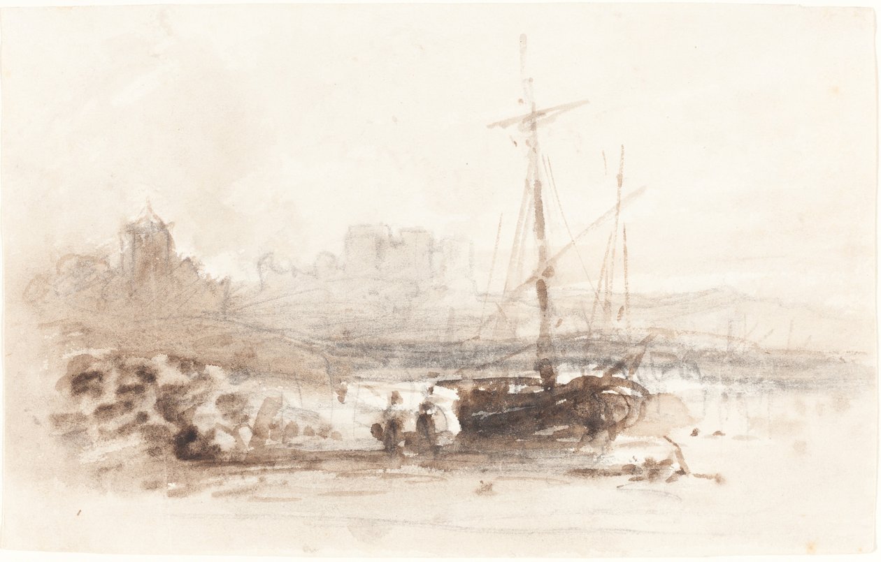 Zeilboot op een strand door John Varley