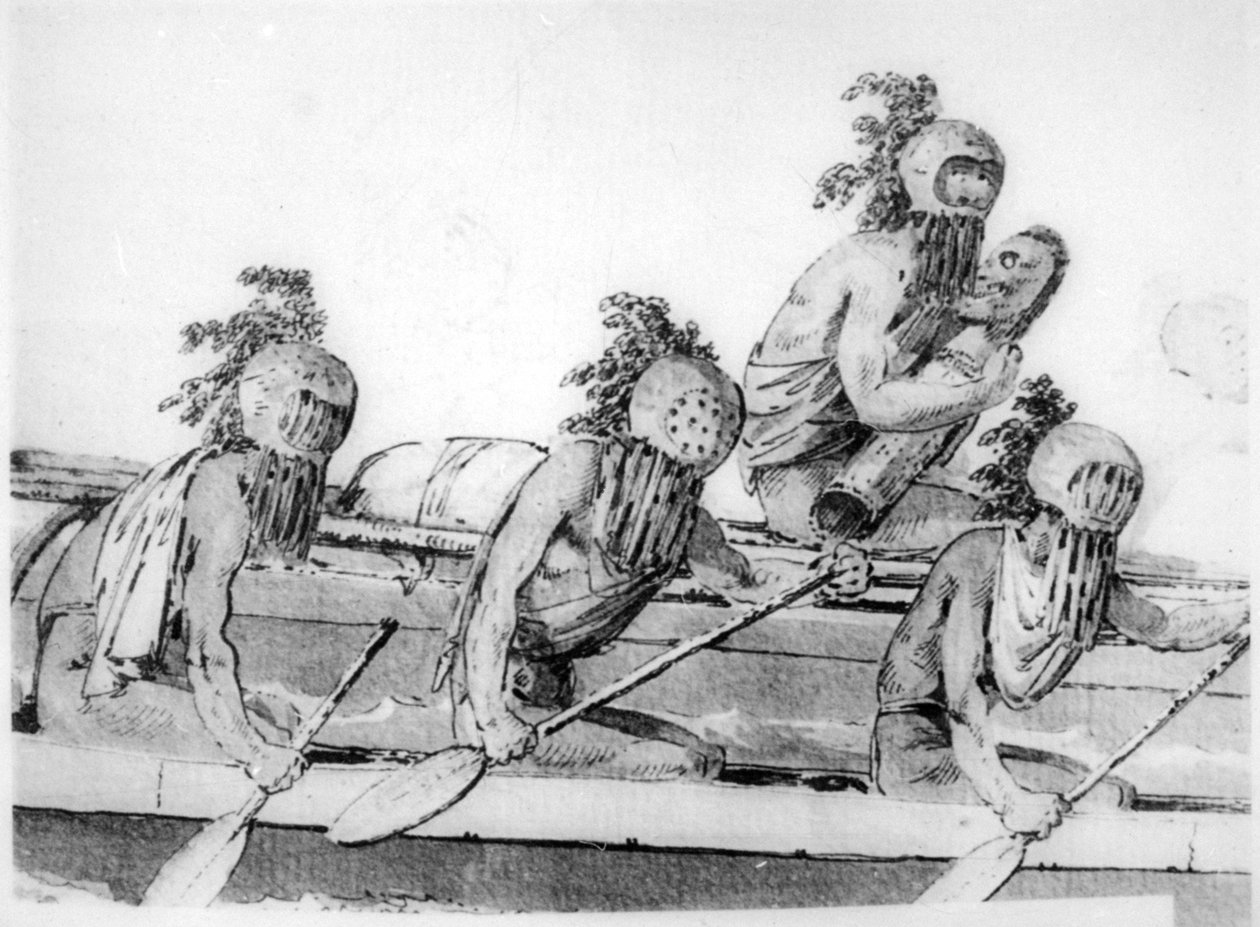 Dubbele kano met roeiers, Hawaï, 18e eeuw door John Webber