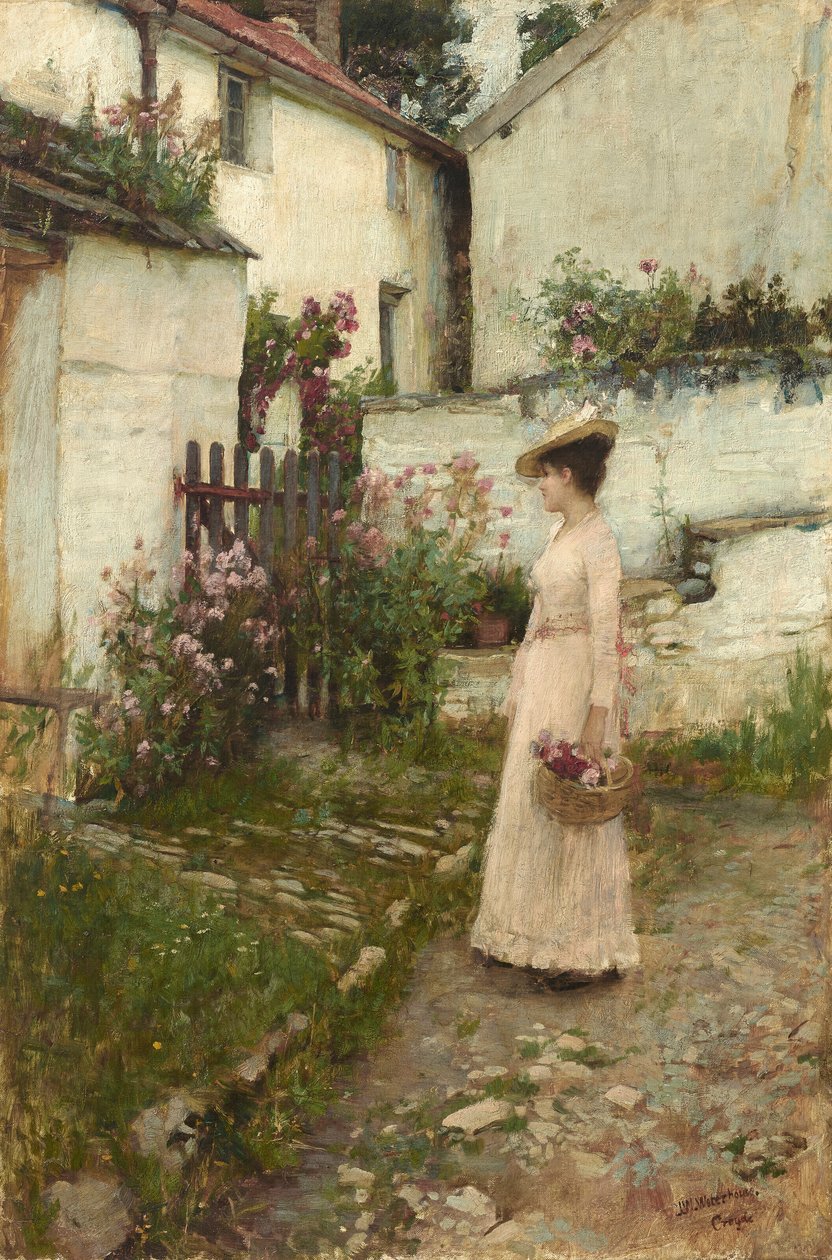 Bloemen verzamelen in een tuin in Devonshire door John William Waterhouse