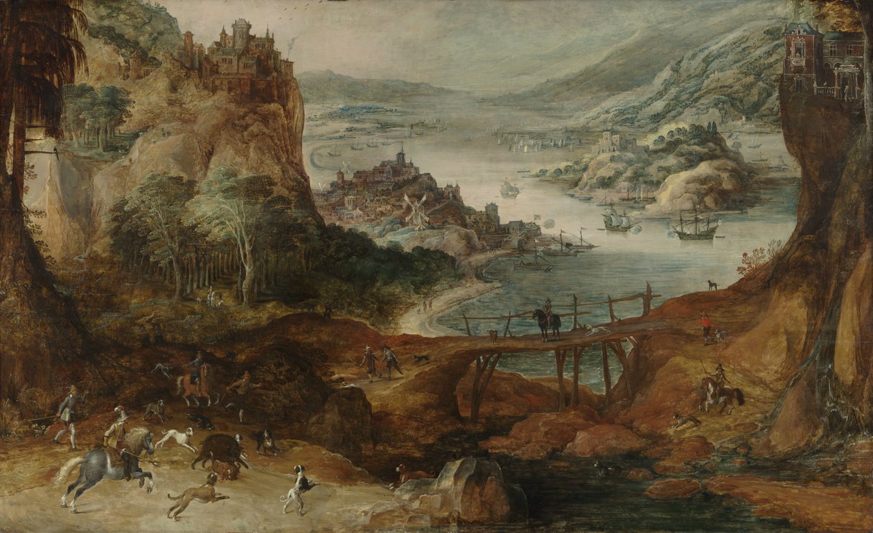 Rivierlandschap met everzwijnenjacht door Joos de Momper (II)