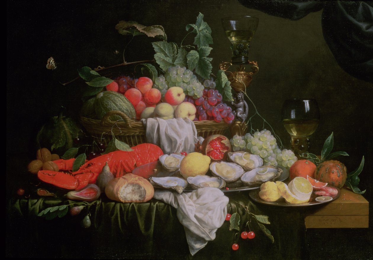 Stilleven met citroen, oesters, kreeft en fruit, 1658 door Joris van Son
