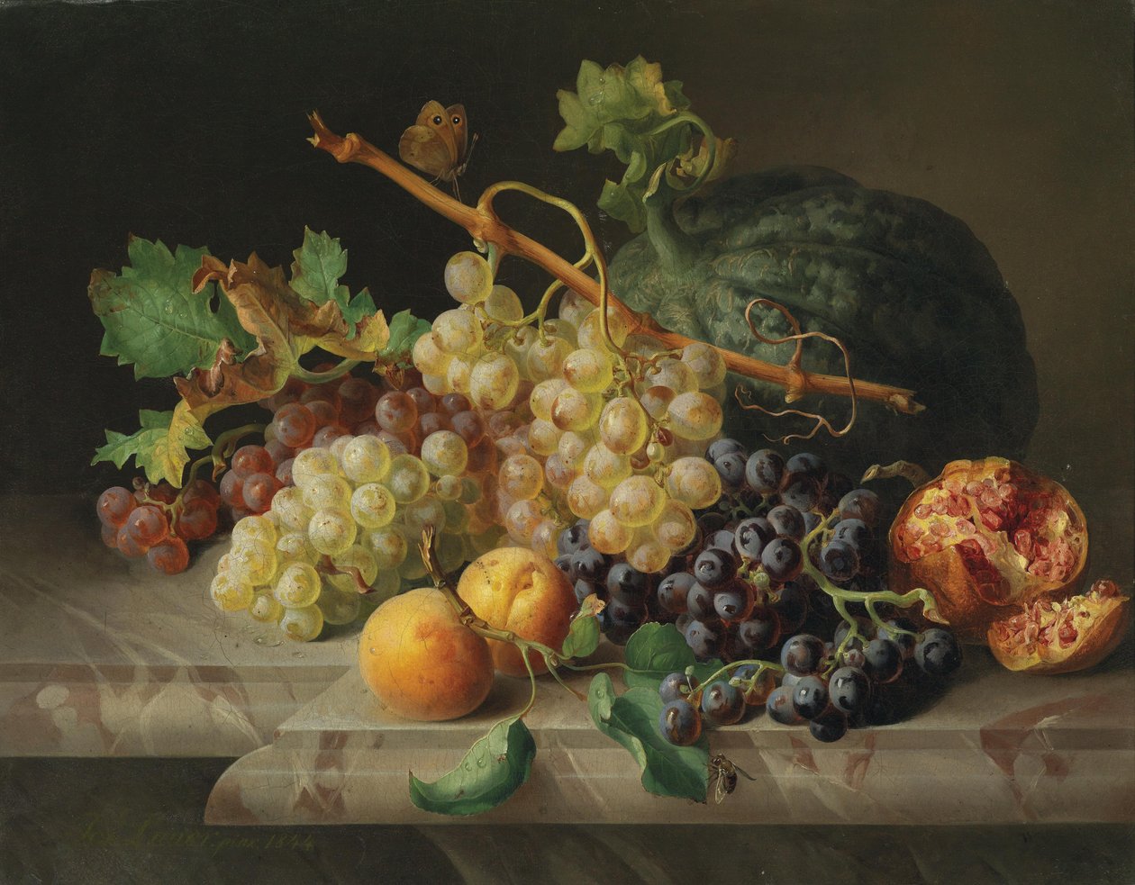 Stilleven met granaatappel, druiven en meloen door Josef Lauer