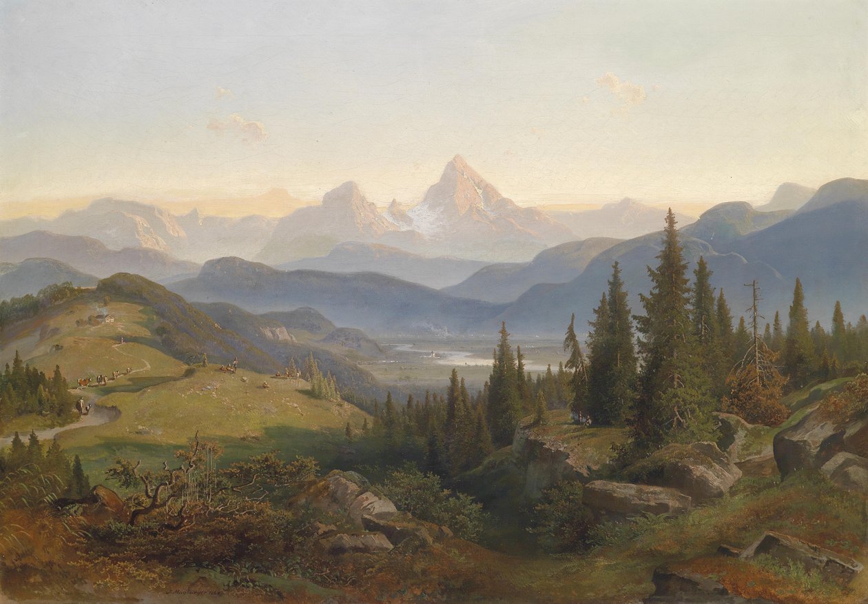 Landschap met bergketen, op de achtergrond de Watzmann door Josef Mayburger