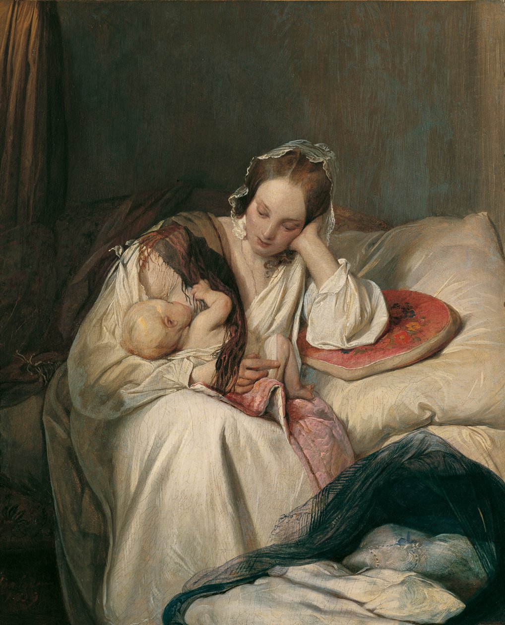 Moederliefde (De vrouw van de kunstenaar met kind) door Josef Danhauser