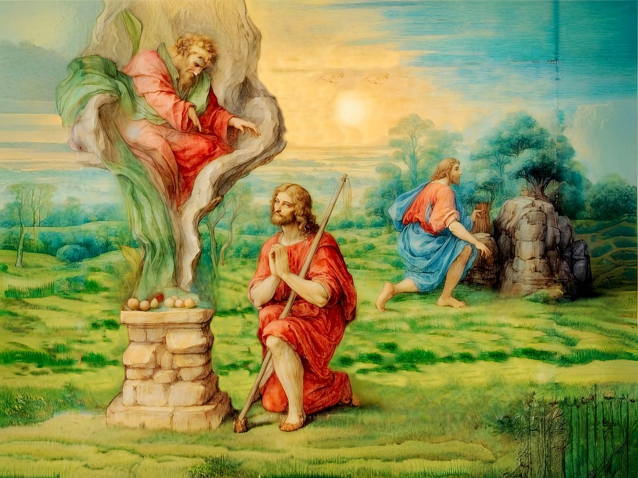 Kaïn en Abel offeren door Josef Johann Michel
